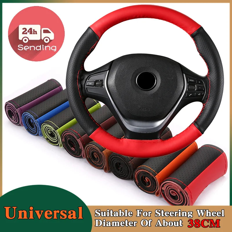 DIY Soft Fiber Leather Car Steering Wheel Cover 38Cm Steering Wheel Cover with Needles and Thread Auto Interior Accessories